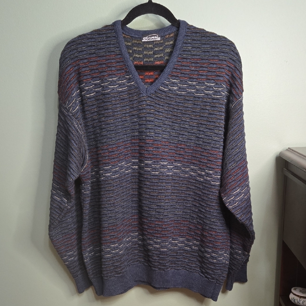 Vintage Cooper Navy Multicolor V-Neck Sweater Sz Xl